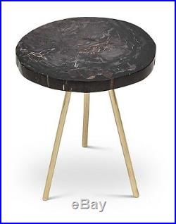 22 H End table black gray petrified wood polished top brass legs spectacular