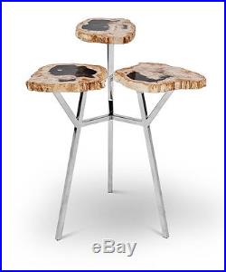 24 H Petrified wood brown black end table three in one stainless steel base