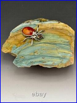 260 gr. Jasper Petrified Wood Sterling Silver Amber Spider Paperweight -Nice