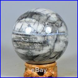 4.2PETRIFIED WOOD FOSSIL SPHERE AGATE BALL withRose Wood Stand Madagascar 2265