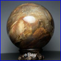 4.2 4.2lb NATURAL PETRIFIED WOOD FOSSIL SPHERE BALL withRoseWood Stand Madagascar