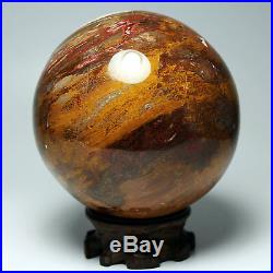4.4 4.0lb NATURAL PETRIFIED WOOD FOSSIL SPHERE BALL withRoseWood Stand Madagascar