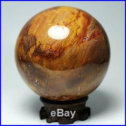 4.4 4.0lb NATURAL PETRIFIED WOOD FOSSIL SPHERE BALL withRoseWood Stand Madagascar
