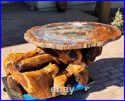 Large 31 inch Arizona rainbow petrified wood table with Monkey wood base