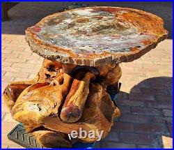Large 31 inch Arizona rainbow petrified wood table with Monkey wood base