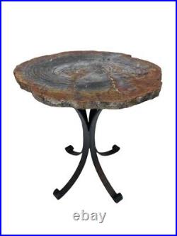 Petrified Wood With Wrought Iron Base Side Table- Blue