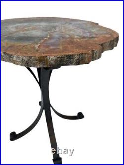Petrified Wood With Wrought Iron Base Side Table- Blue