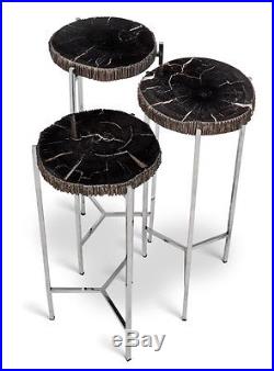 Set of 3 26 H end table petrified wood black polished stainless steel legs