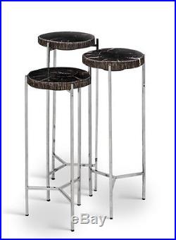 Set of 3 26 H end table petrified wood black polished stainless steel legs