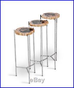 Set of three 26 H Petrified wood side end table white black brown steel legs